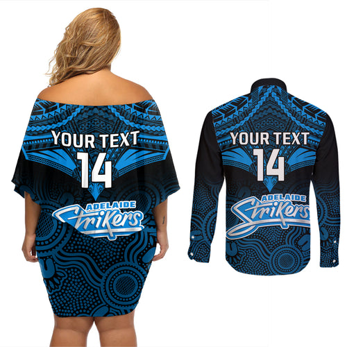 custom-adelaide-strikers-cricket-couples-matching-off-shoulder-short-dress-and-long-sleeve-button-shirts-2023-unique-indigenous-art-mix-polynesian-pattern