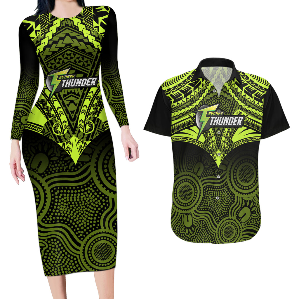 sydney-thunder-cricket-couples-matching-long-sleeve-bodycon-dress-and-hawaiian-shirt-2023-unique-indigenous-art-mix-polynesian-pattern