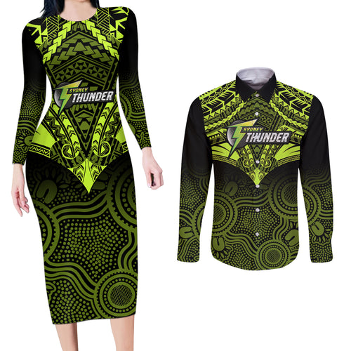 sydney-thunder-cricket-couples-matching-long-sleeve-bodycon-dress-and-long-sleeve-button-shirts-2023-unique-indigenous-art-mix-polynesian-pattern