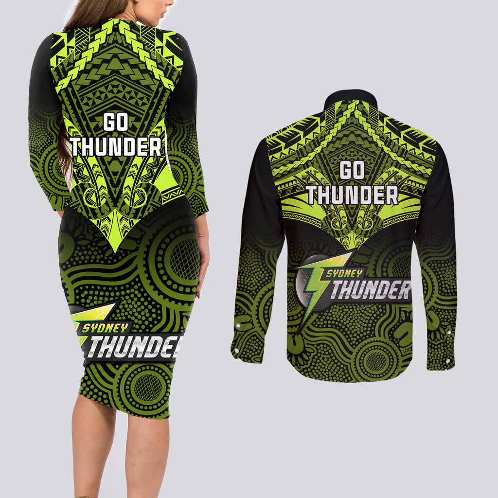 sydney-thunder-cricket-couples-matching-long-sleeve-bodycon-dress-and-long-sleeve-button-shirts-2023-unique-indigenous-art-mix-polynesian-pattern
