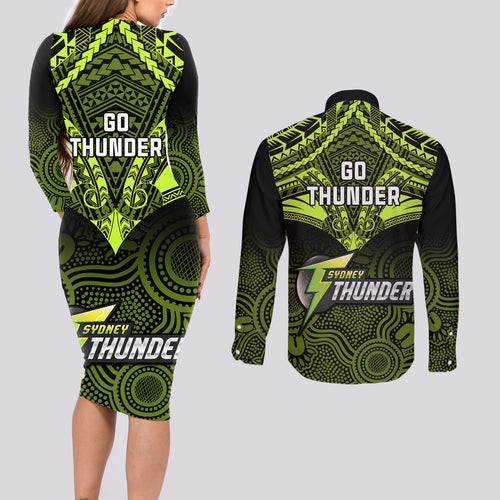 sydney-thunder-cricket-couples-matching-long-sleeve-bodycon-dress-and-long-sleeve-button-shirts-2023-unique-indigenous-art-mix-polynesian-pattern