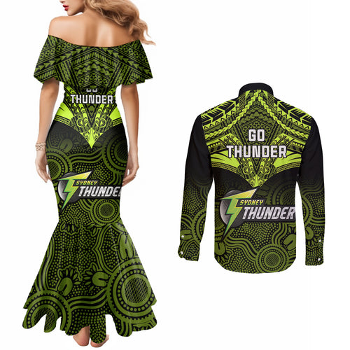 sydney-thunder-cricket-couples-matching-mermaid-dress-and-long-sleeve-button-shirts-2023-unique-indigenous-art-mix-polynesian-pattern