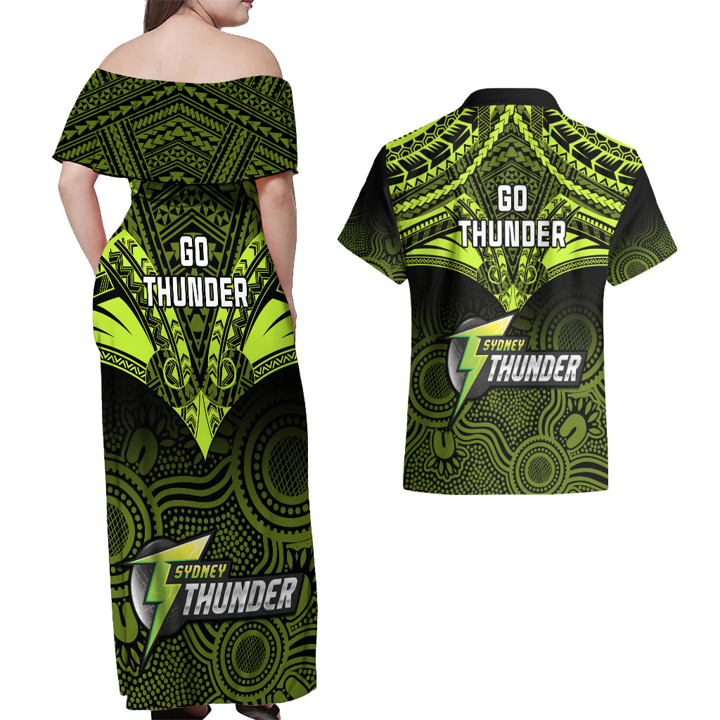 sydney-thunder-cricket-couples-matching-off-shoulder-maxi-dress-and-hawaiian-shirt-2023-unique-indigenous-art-mix-polynesian-pattern