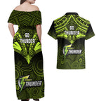 sydney-thunder-cricket-couples-matching-off-shoulder-maxi-dress-and-hawaiian-shirt-2023-unique-indigenous-art-mix-polynesian-pattern