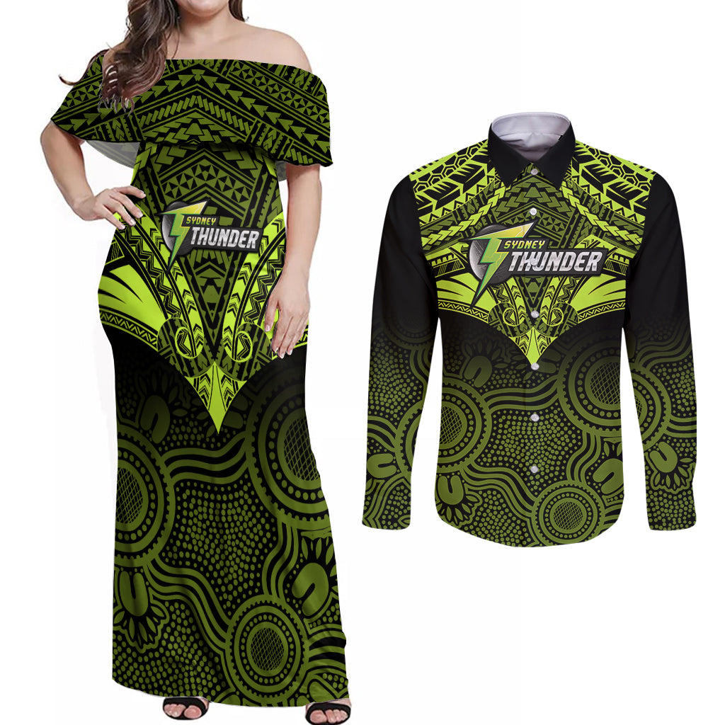 sydney-thunder-cricket-couples-matching-off-shoulder-maxi-dress-and-long-sleeve-button-shirts-2023-unique-indigenous-art-mix-polynesian-pattern