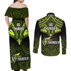 sydney-thunder-cricket-couples-matching-off-shoulder-maxi-dress-and-long-sleeve-button-shirts-2023-unique-indigenous-art-mix-polynesian-pattern