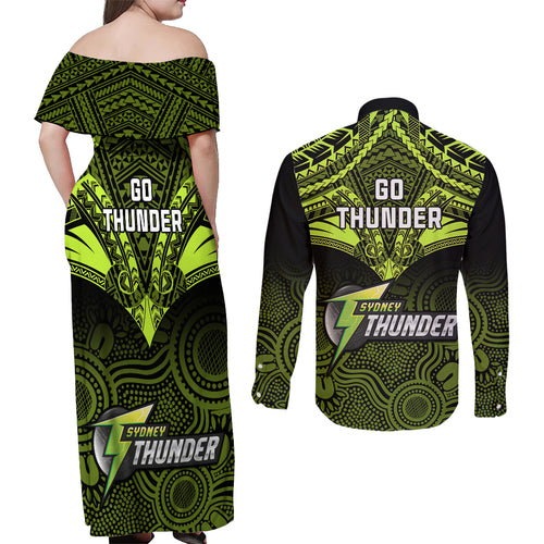 sydney-thunder-cricket-couples-matching-off-shoulder-maxi-dress-and-long-sleeve-button-shirts-2023-unique-indigenous-art-mix-polynesian-pattern