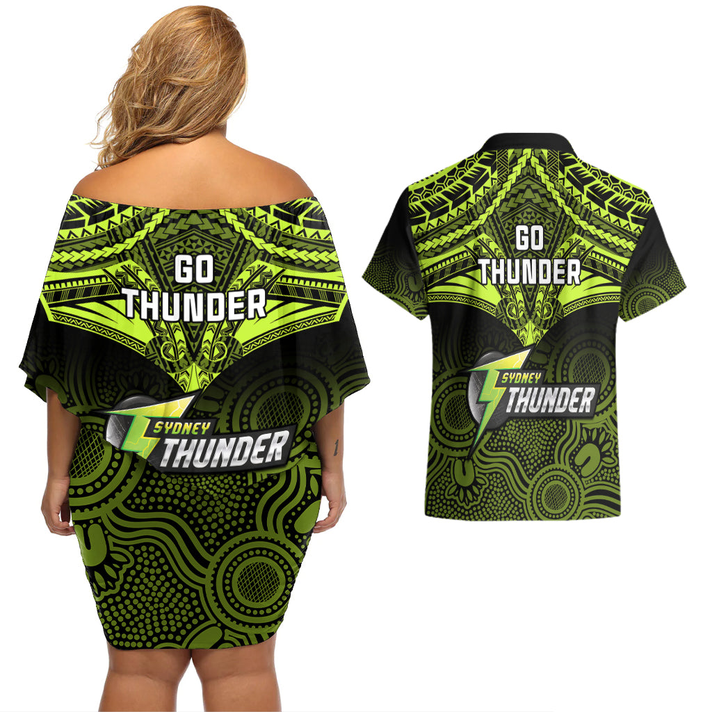 sydney-thunder-cricket-couples-matching-off-shoulder-short-dress-and-hawaiian-shirt-2023-unique-indigenous-art-mix-polynesian-pattern