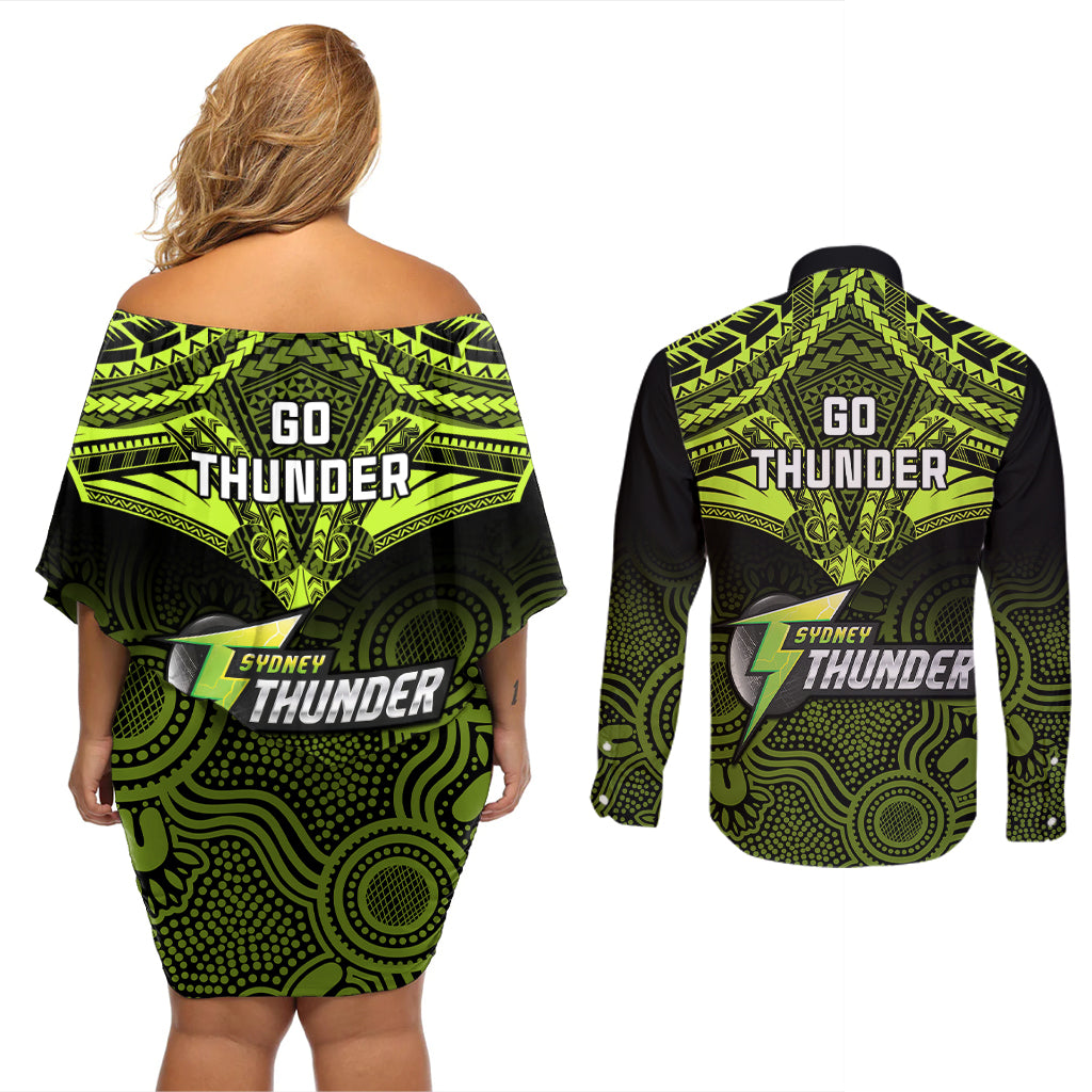 sydney-thunder-cricket-couples-matching-off-shoulder-short-dress-and-long-sleeve-button-shirts-2023-unique-indigenous-art-mix-polynesian-pattern