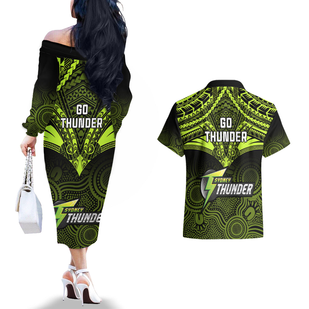 sydney-thunder-cricket-couples-matching-off-the-shoulder-long-sleeve-dress-and-hawaiian-shirt-2023-unique-indigenous-art-mix-polynesian-pattern