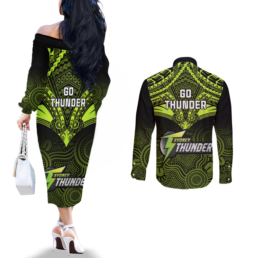 sydney-thunder-cricket-couples-matching-off-the-shoulder-long-sleeve-dress-and-long-sleeve-button-shirts-2023-unique-indigenous-art-mix-polynesian-pattern