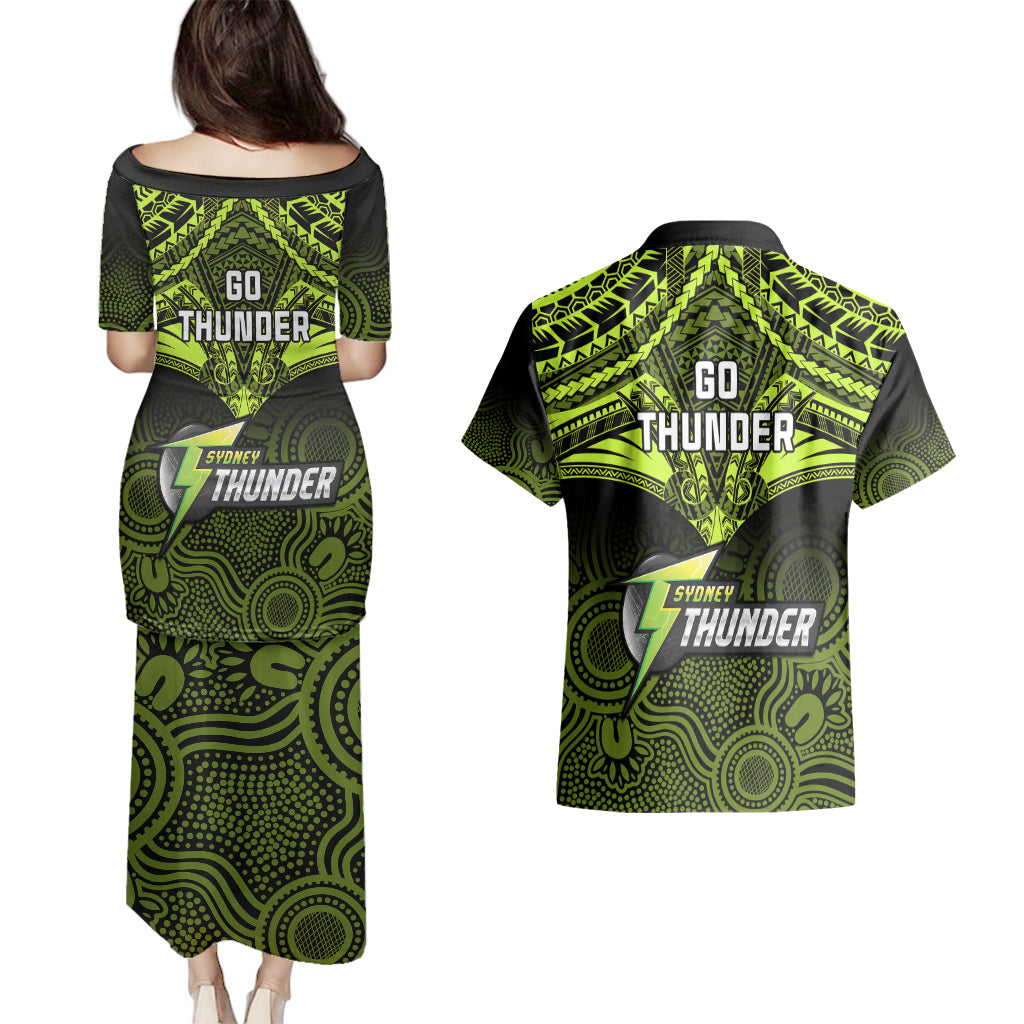 sydney-thunder-cricket-couples-matching-puletasi-dress-and-hawaiian-shirt-2023-unique-indigenous-art-mix-polynesian-pattern