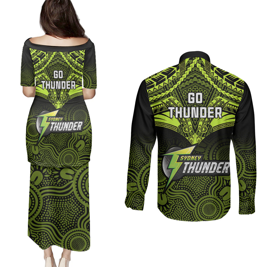 sydney-thunder-cricket-couples-matching-puletasi-dress-and-long-sleeve-button-shirts-2023-unique-indigenous-art-mix-polynesian-pattern