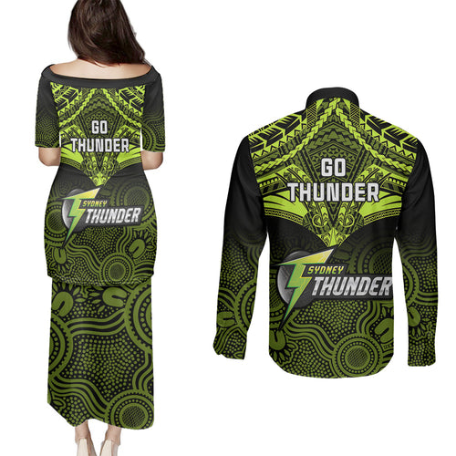 sydney-thunder-cricket-couples-matching-puletasi-dress-and-long-sleeve-button-shirts-2023-unique-indigenous-art-mix-polynesian-pattern