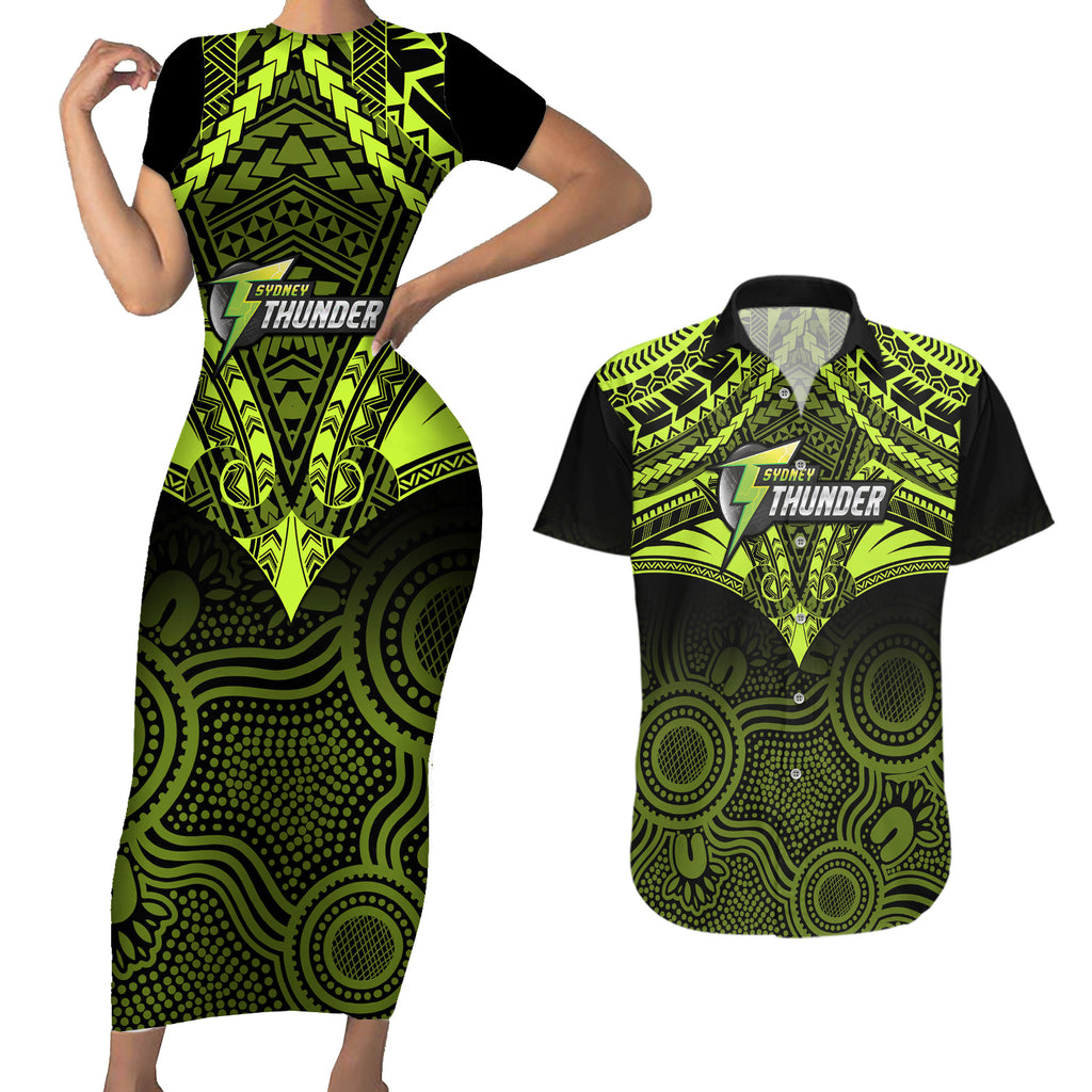 sydney-thunder-cricket-couples-matching-short-sleeve-bodycon-dress-and-hawaiian-shirt-2023-unique-indigenous-art-mix-polynesian-pattern