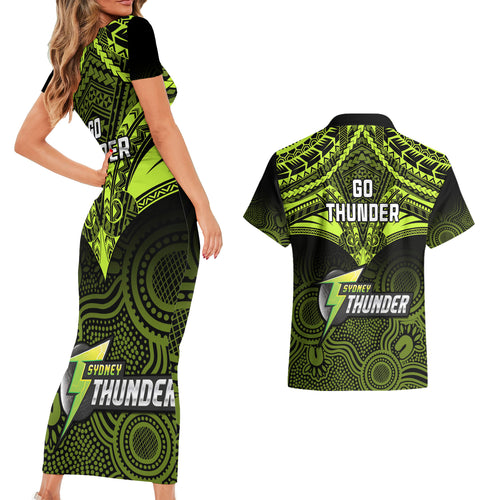 sydney-thunder-cricket-couples-matching-short-sleeve-bodycon-dress-and-hawaiian-shirt-2023-unique-indigenous-art-mix-polynesian-pattern