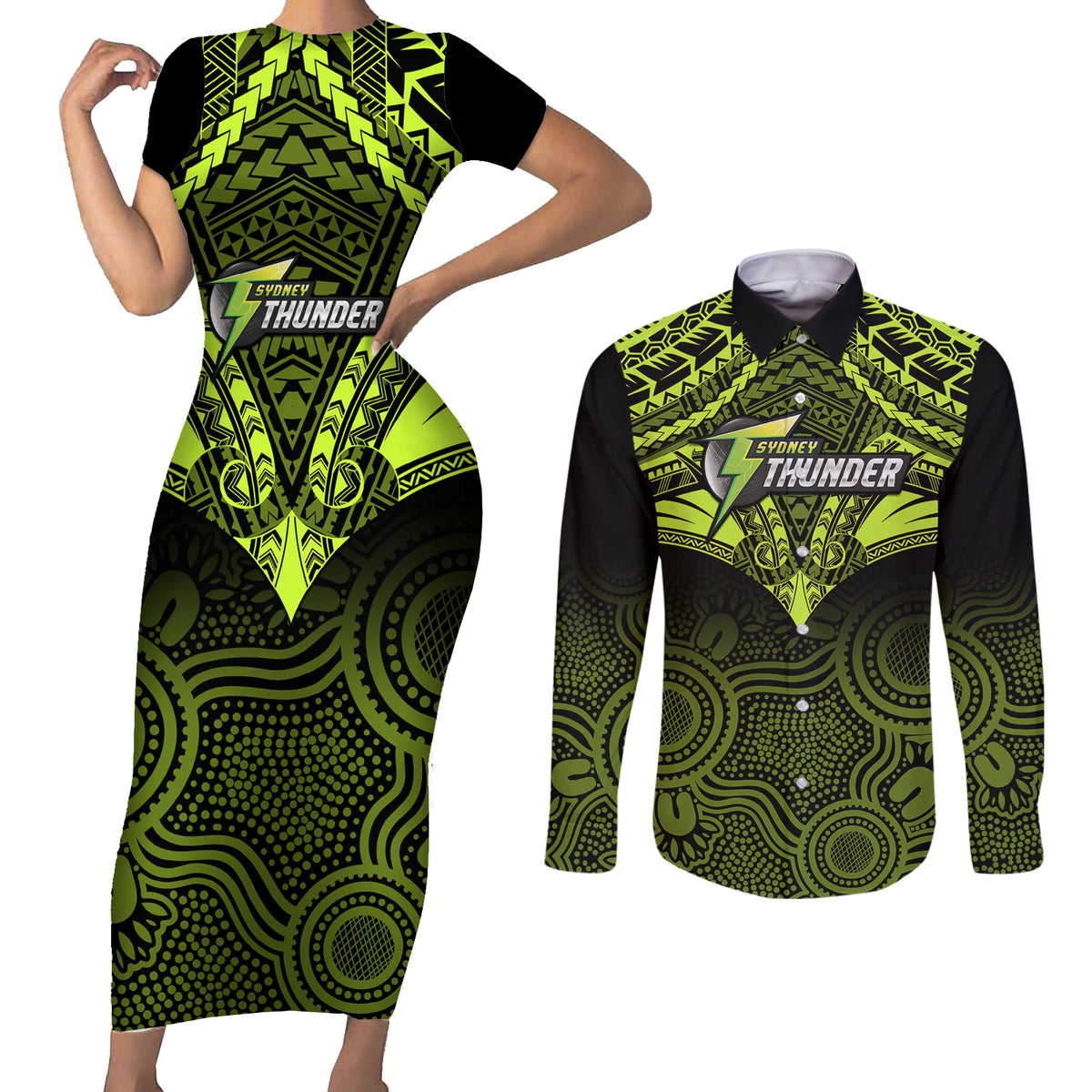 sydney-thunder-cricket-couples-matching-short-sleeve-bodycon-dress-and-long-sleeve-button-shirts-2023-unique-indigenous-art-mix-polynesian-pattern