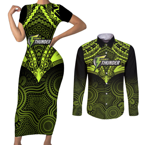 sydney-thunder-cricket-couples-matching-short-sleeve-bodycon-dress-and-long-sleeve-button-shirts-2023-unique-indigenous-art-mix-polynesian-pattern