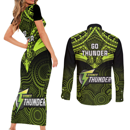 sydney-thunder-cricket-couples-matching-short-sleeve-bodycon-dress-and-long-sleeve-button-shirts-2023-unique-indigenous-art-mix-polynesian-pattern