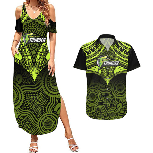 sydney-thunder-cricket-couples-matching-summer-maxi-dress-and-hawaiian-shirt-2023-unique-indigenous-art-mix-polynesian-pattern