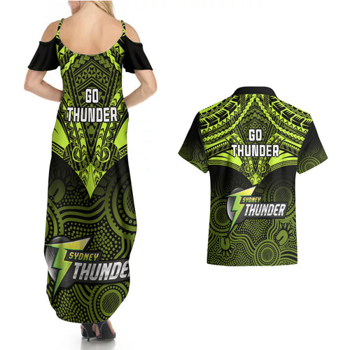 sydney-thunder-cricket-couples-matching-summer-maxi-dress-and-hawaiian-shirt-2023-unique-indigenous-art-mix-polynesian-pattern