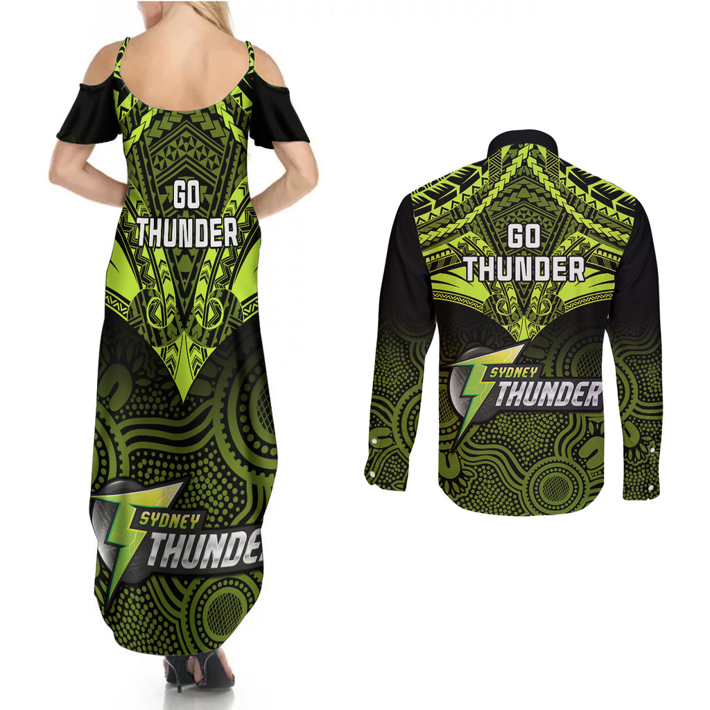 sydney-thunder-cricket-couples-matching-summer-maxi-dress-and-long-sleeve-button-shirts-2023-unique-indigenous-art-mix-polynesian-pattern