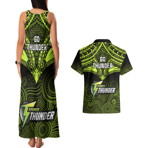 sydney-thunder-cricket-couples-matching-tank-maxi-dress-and-hawaiian-shirt-2023-unique-indigenous-art-mix-polynesian-pattern