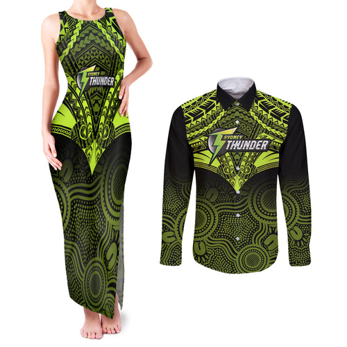 sydney-thunder-cricket-couples-matching-tank-maxi-dress-and-long-sleeve-button-shirts-2023-unique-indigenous-art-mix-polynesian-pattern