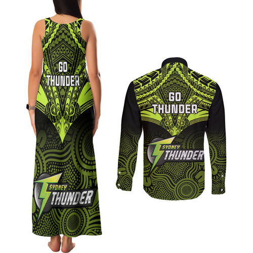 sydney-thunder-cricket-couples-matching-tank-maxi-dress-and-long-sleeve-button-shirts-2023-unique-indigenous-art-mix-polynesian-pattern