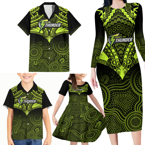 sydney-thunder-cricket-family-matching-long-sleeve-bodycon-dress-and-hawaiian-shirt-2023-unique-indigenous-art-mix-polynesian-pattern