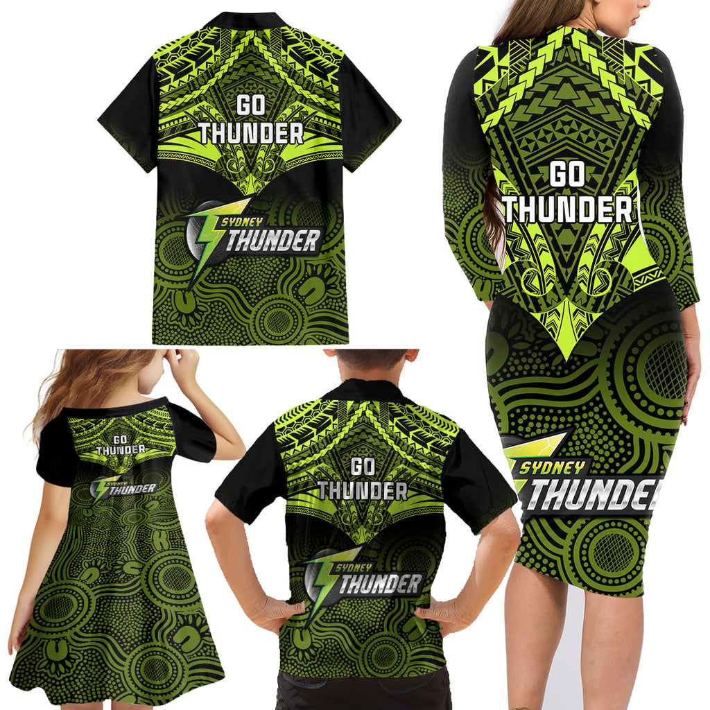 sydney-thunder-cricket-family-matching-long-sleeve-bodycon-dress-and-hawaiian-shirt-2023-unique-indigenous-art-mix-polynesian-pattern
