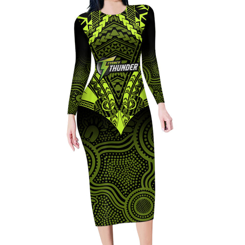 sydney-thunder-cricket-family-matching-long-sleeve-bodycon-dress-and-hawaiian-shirt-2023-unique-indigenous-art-mix-polynesian-pattern