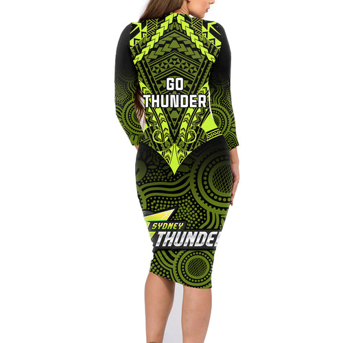 sydney-thunder-cricket-family-matching-long-sleeve-bodycon-dress-and-hawaiian-shirt-2023-unique-indigenous-art-mix-polynesian-pattern