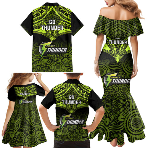 sydney-thunder-cricket-family-matching-mermaid-dress-and-hawaiian-shirt-2023-unique-indigenous-art-mix-polynesian-pattern