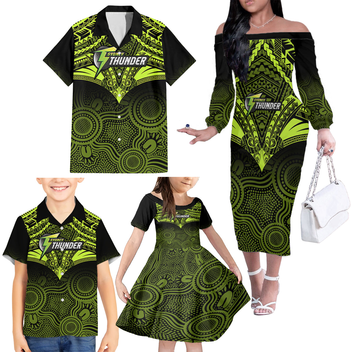 Sydney Thunder Cricket Family Matching Off Shoulder Long Sleeve Dress and Hawaiian Shirt 2023 Unique Indigenous Art Mix Polynesian Pattern LT14