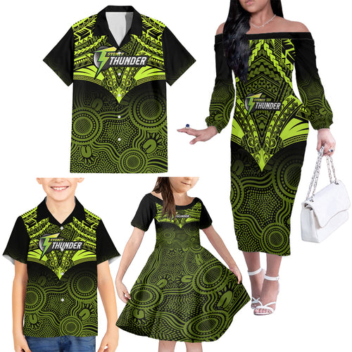 Sydney Thunder Cricket Family Matching Off Shoulder Long Sleeve Dress and Hawaiian Shirt 2023 Unique Indigenous Art Mix Polynesian Pattern LT14
