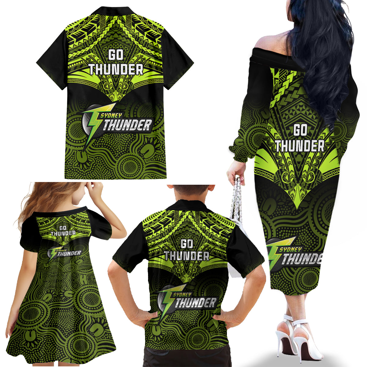 Sydney Thunder Cricket Family Matching Off Shoulder Long Sleeve Dress and Hawaiian Shirt 2023 Unique Indigenous Art Mix Polynesian Pattern LT14