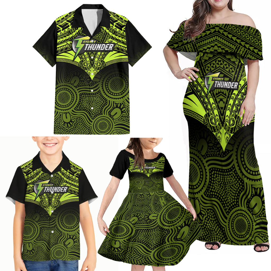 sydney-thunder-cricket-family-matching-off-shoulder-maxi-dress-and-hawaiian-shirt-2023-unique-indigenous-art-mix-polynesian-pattern