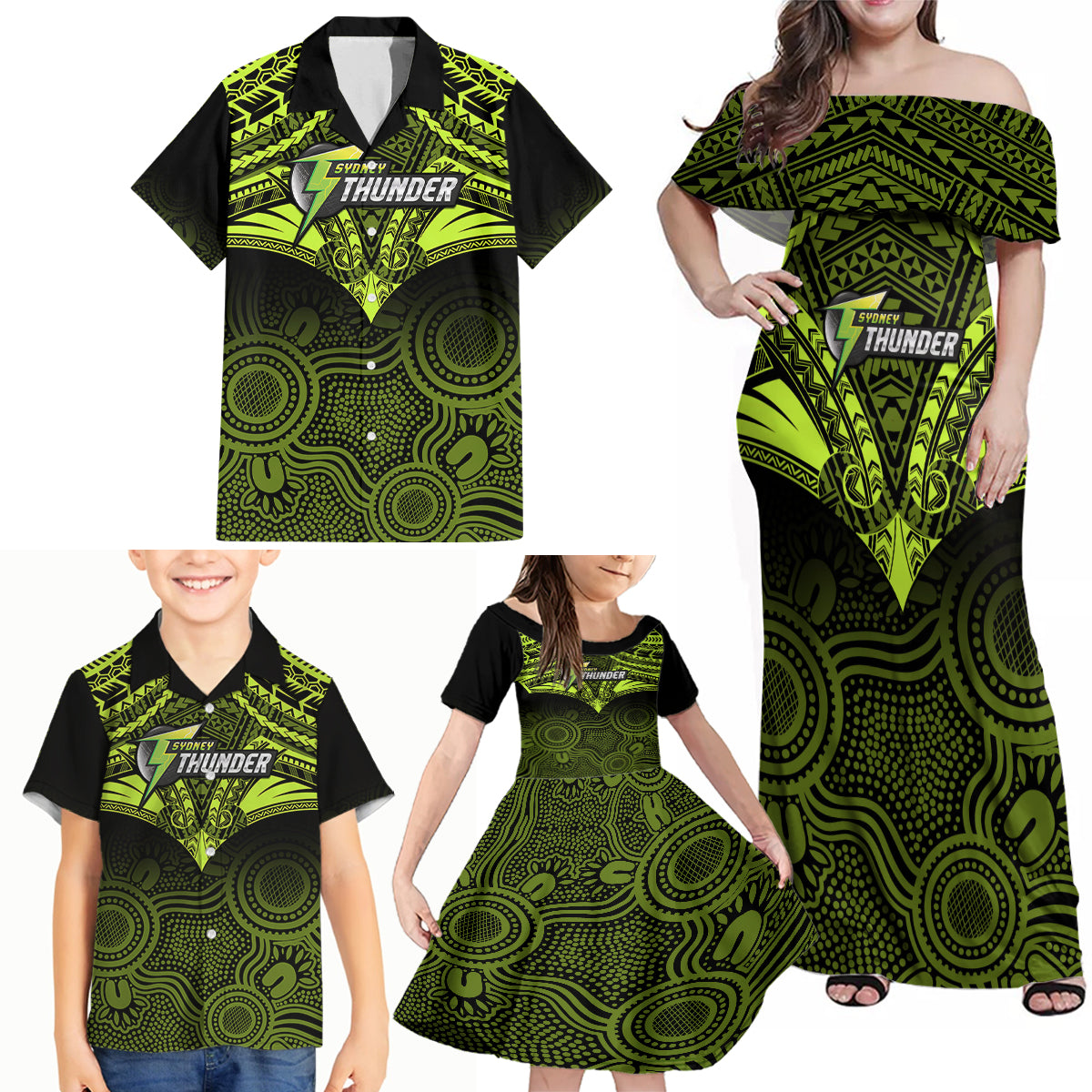 sydney-thunder-cricket-family-matching-off-shoulder-maxi-dress-and-hawaiian-shirt-2023-unique-indigenous-art-mix-polynesian-pattern