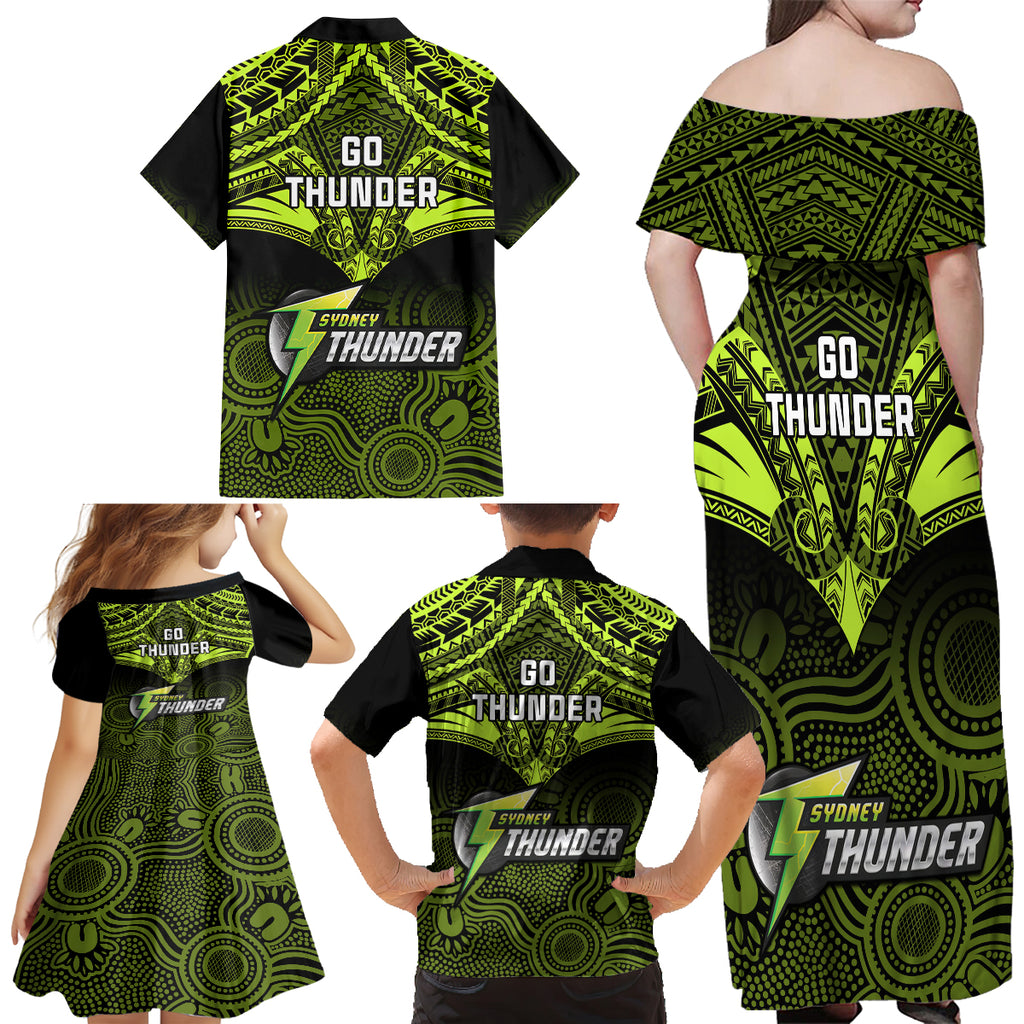 sydney-thunder-cricket-family-matching-off-shoulder-maxi-dress-and-hawaiian-shirt-2023-unique-indigenous-art-mix-polynesian-pattern