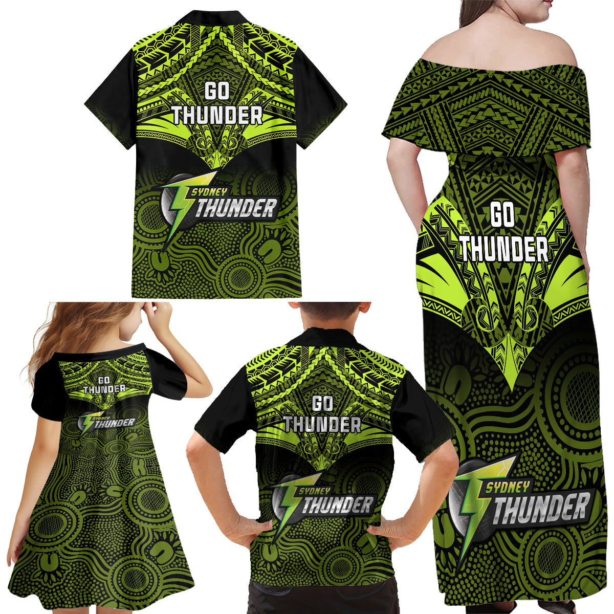 sydney-thunder-cricket-family-matching-off-shoulder-maxi-dress-and-hawaiian-shirt-2023-unique-indigenous-art-mix-polynesian-pattern