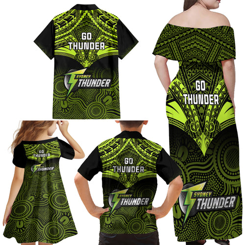 sydney-thunder-cricket-family-matching-off-shoulder-maxi-dress-and-hawaiian-shirt-2023-unique-indigenous-art-mix-polynesian-pattern