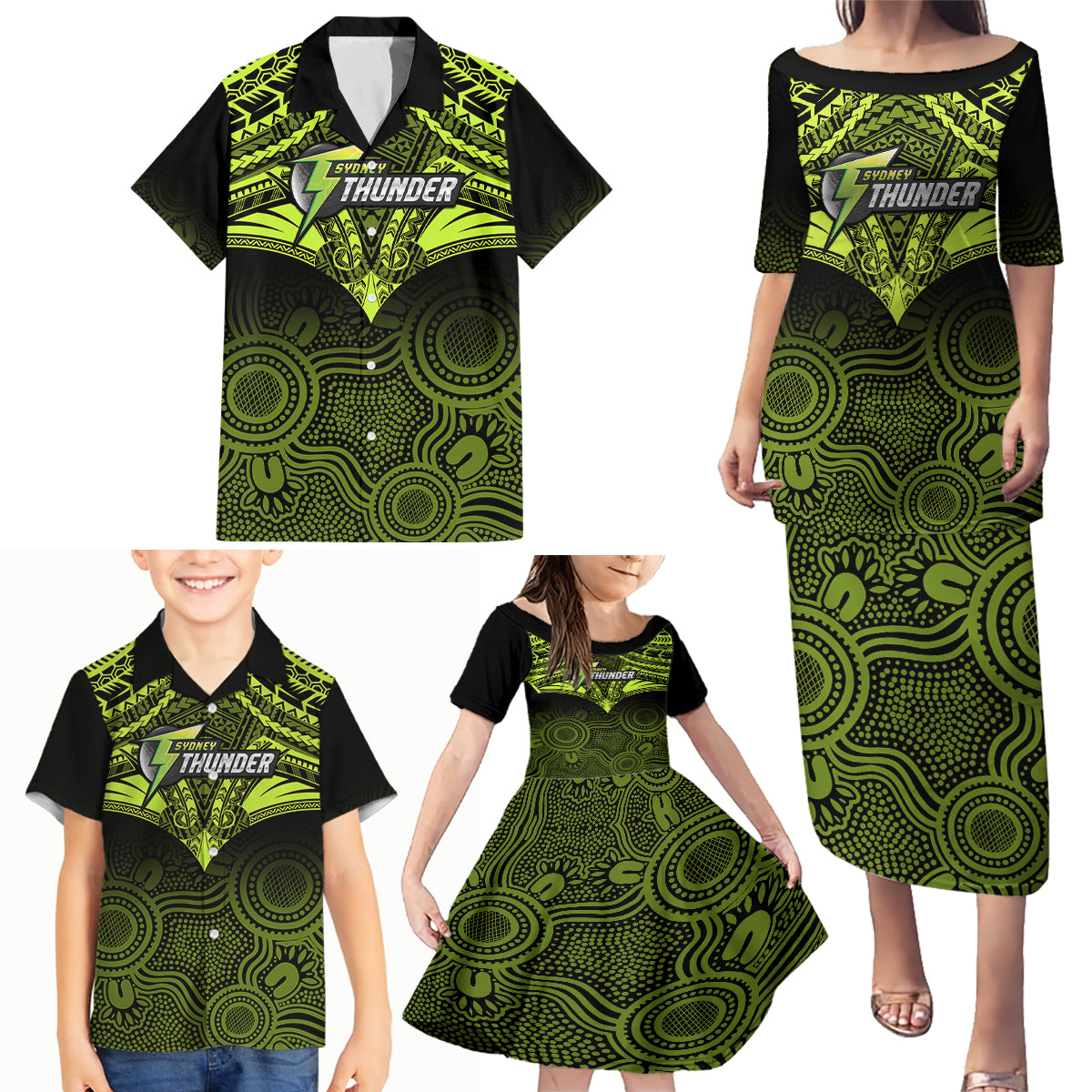 sydney-thunder-cricket-family-matching-puletasi-dress-and-hawaiian-shirt-2023-unique-indigenous-art-mix-polynesian-pattern
