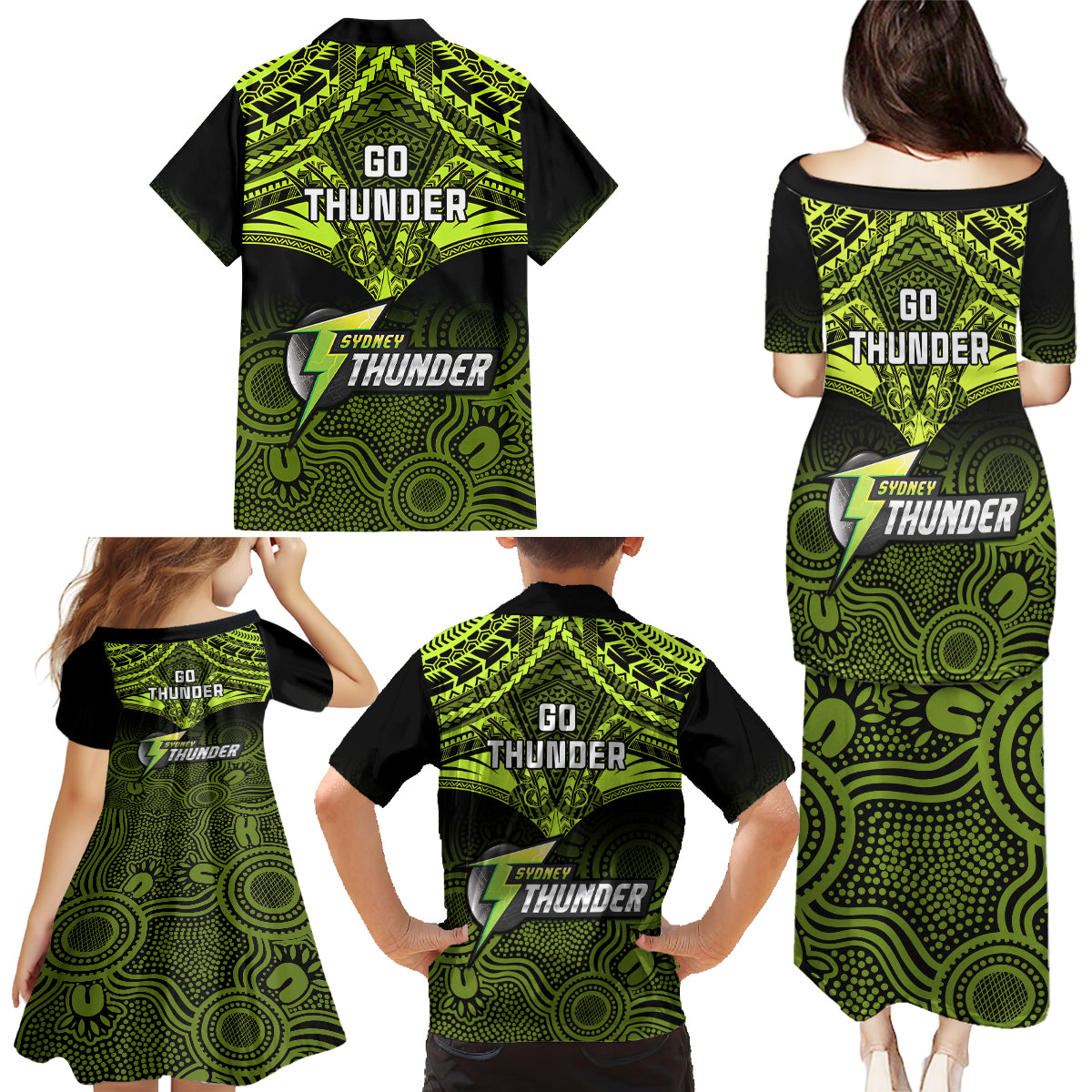 sydney-thunder-cricket-family-matching-puletasi-dress-and-hawaiian-shirt-2023-unique-indigenous-art-mix-polynesian-pattern