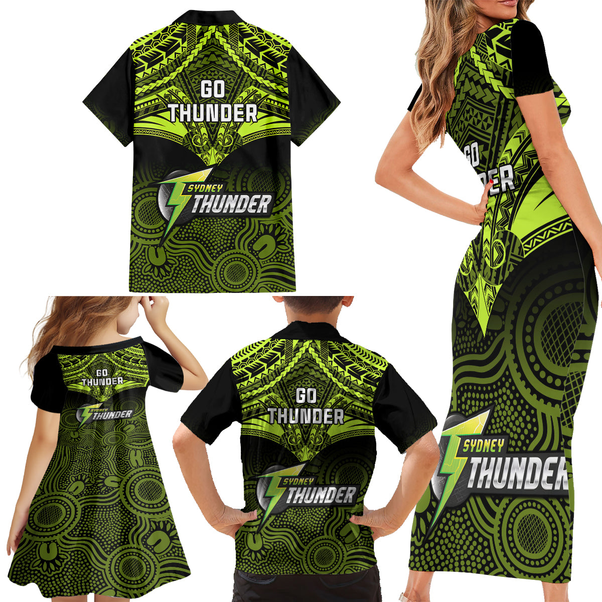 sydney-thunder-cricket-family-matching-short-sleeve-bodycon-dress-and-hawaiian-shirt-2023-unique-indigenous-art-mix-polynesian-pattern