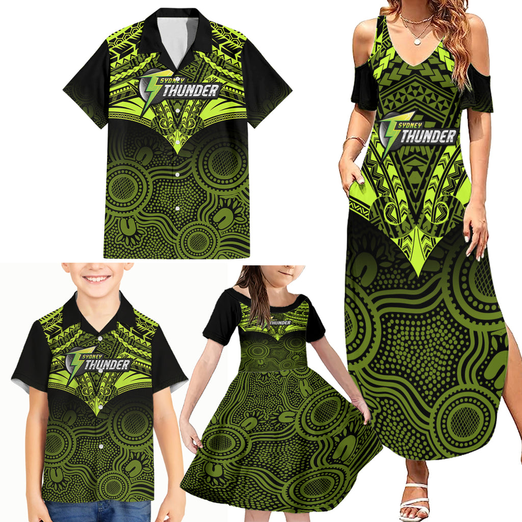sydney-thunder-cricket-family-matching-summer-maxi-dress-and-hawaiian-shirt-2023-unique-indigenous-art-mix-polynesian-pattern