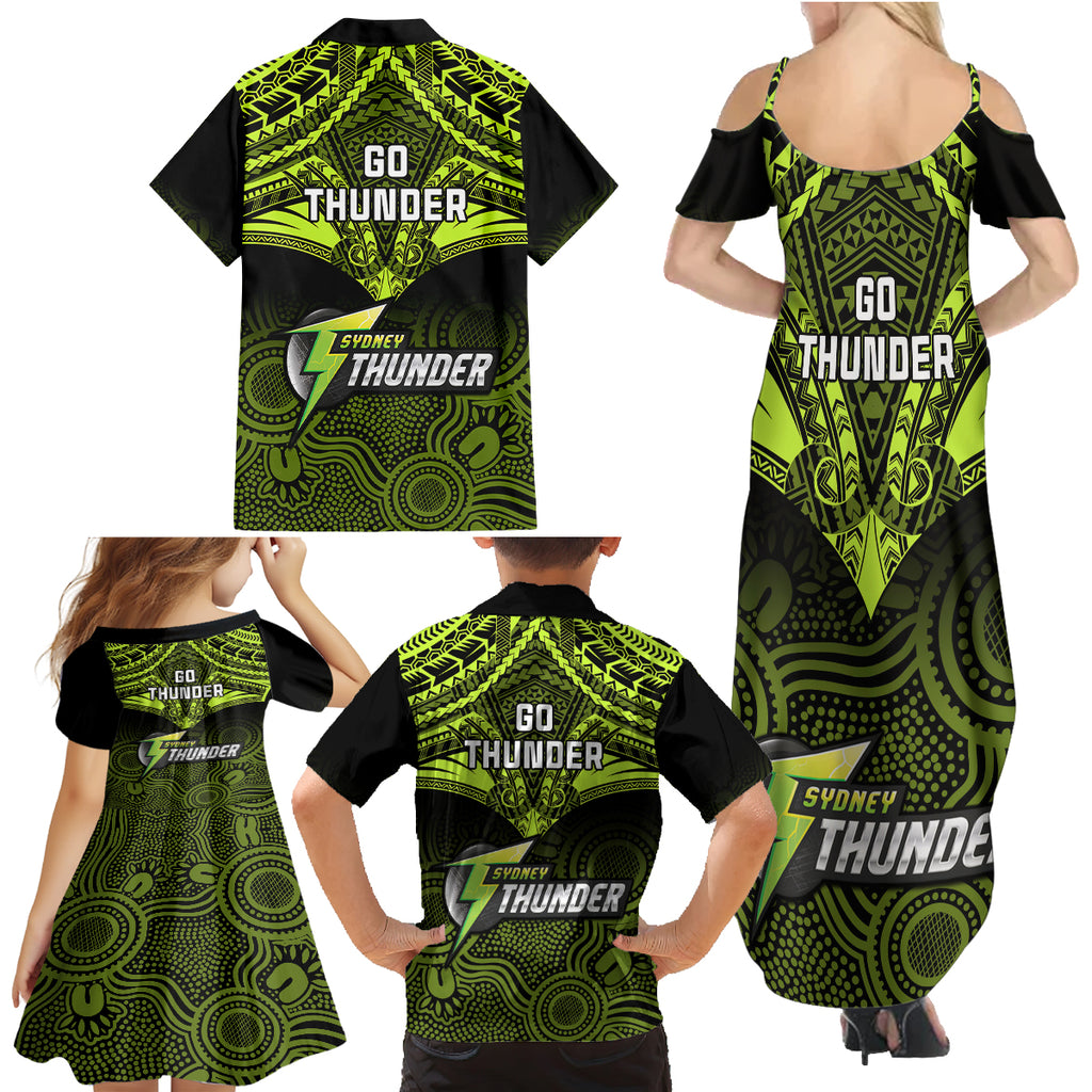 sydney-thunder-cricket-family-matching-summer-maxi-dress-and-hawaiian-shirt-2023-unique-indigenous-art-mix-polynesian-pattern