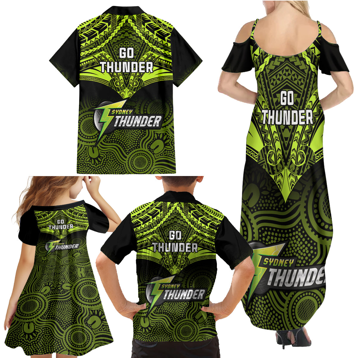 sydney-thunder-cricket-family-matching-summer-maxi-dress-and-hawaiian-shirt-2023-unique-indigenous-art-mix-polynesian-pattern
