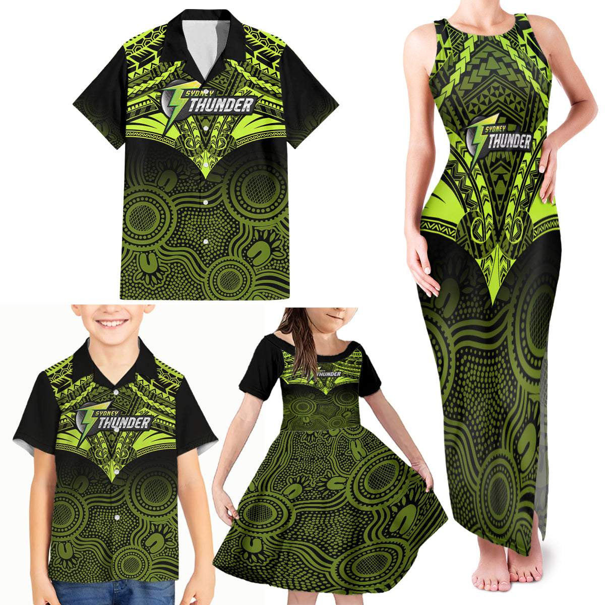 sydney-thunder-cricket-family-matching-tank-maxi-dress-and-hawaiian-shirt-2023-unique-indigenous-art-mix-polynesian-pattern