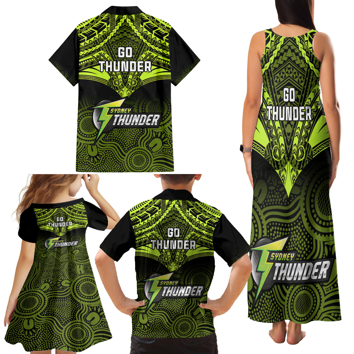 sydney-thunder-cricket-family-matching-tank-maxi-dress-and-hawaiian-shirt-2023-unique-indigenous-art-mix-polynesian-pattern